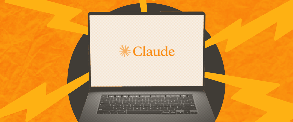 A laptop with the Claude Ai logo surrounded by lighting bolts on a light orange background