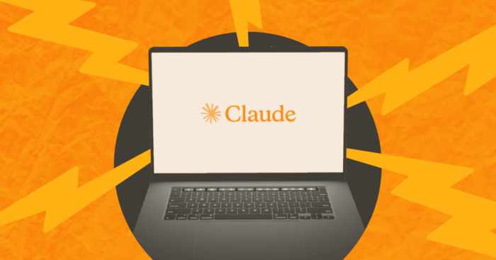 A laptop with the Claude Ai logo surrounded by lighting bolts on a light orange background
