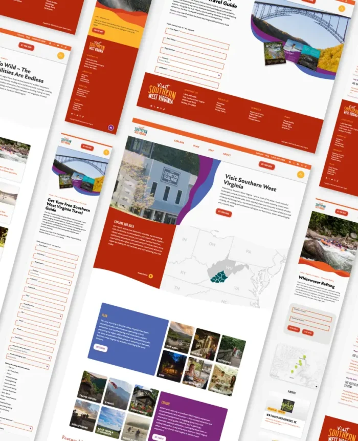 a mock-up showing the designed page templates for Visit Southern West Virginia's new website