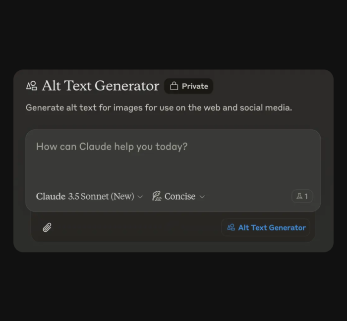 Interface header showing "Alt Text Generator" title, privacy status, and a text input field with Claude 3.5 Sonnet model selected.