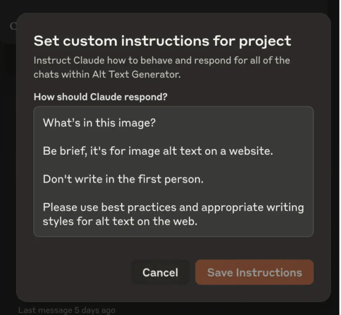 Modal window showing custom instruction settings with text fields for project instructions and response guidelines.