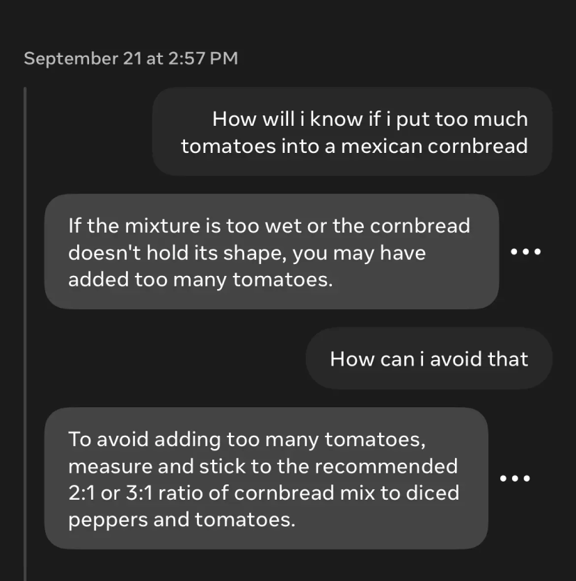 Chat conversation about proper tomato proportions in Mexican cornbread, recommending a 2:1 or 3:1 ratio of mix to vegetables.