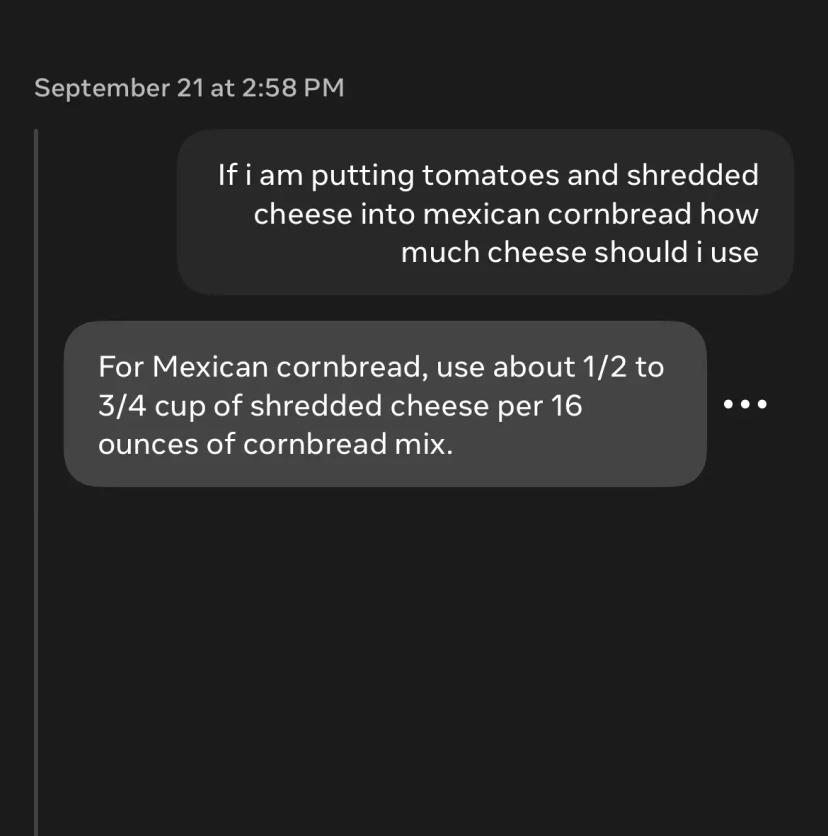 Screenshot of a text message conversation asking about cheese quantity for Mexican cornbread. The response recommends using 1/2 to 3/4 cup per 16 ounces of mix.