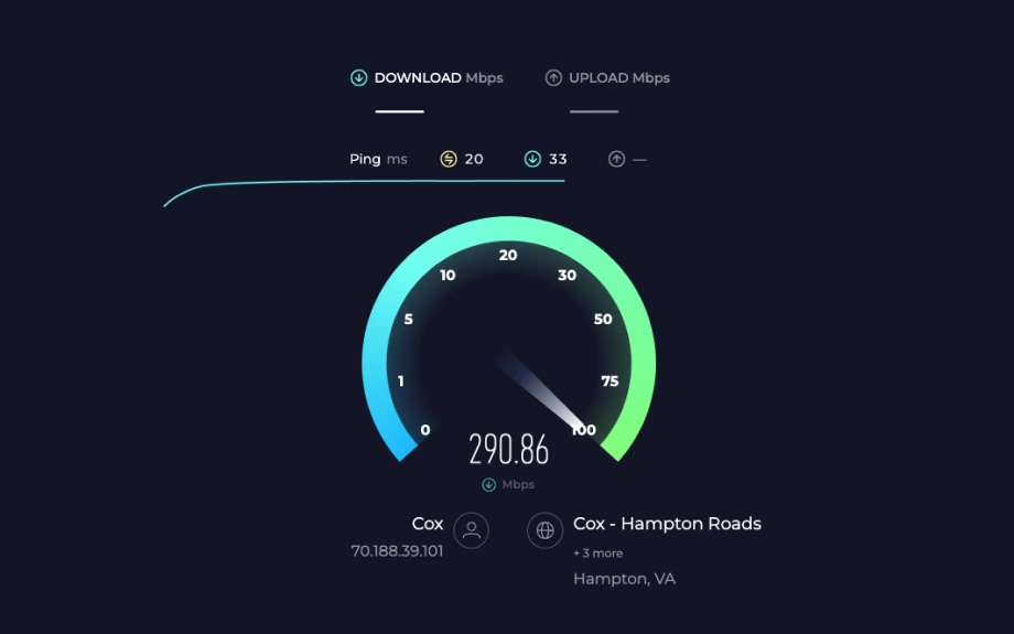 A dashboard showing the download and upload speed of a user in Hampton, Virginia. The download speed reads 290.86 Mbps