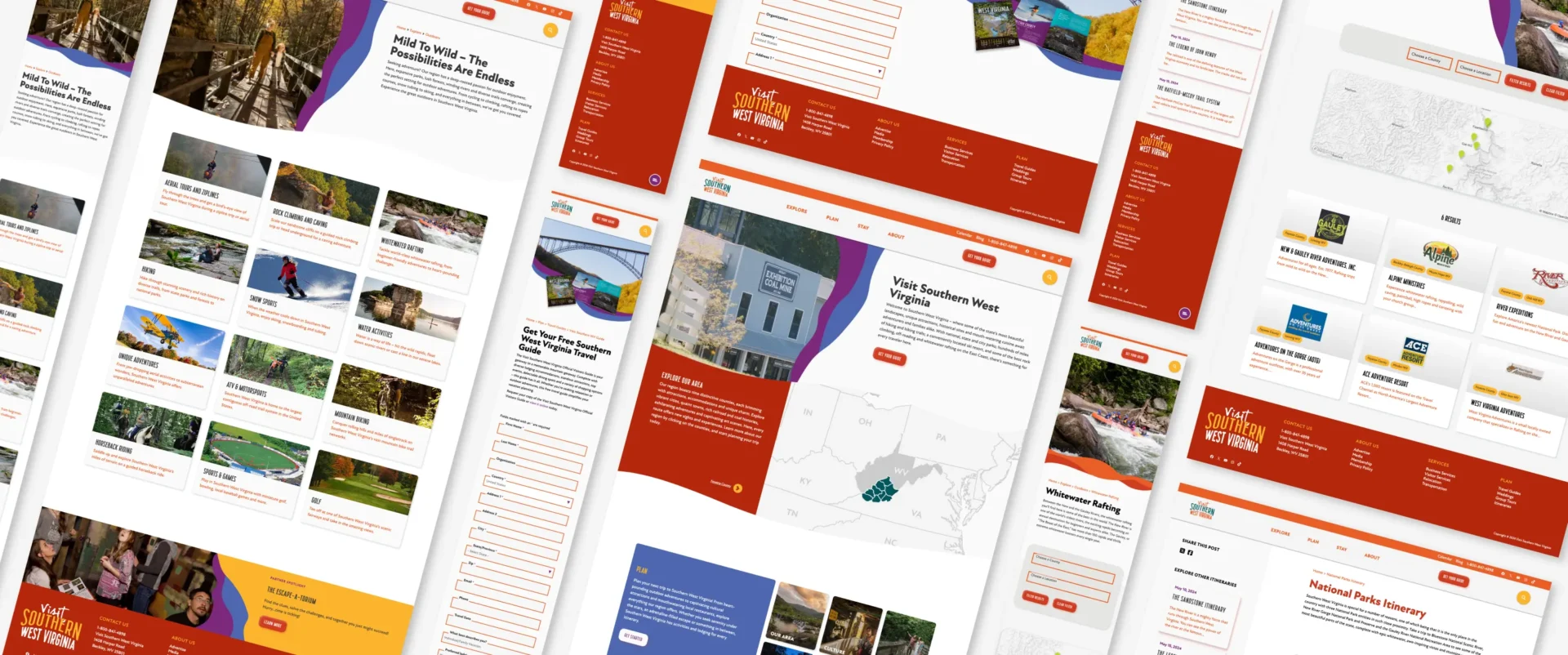 a mock-up showing the designed page templates for Visit Southern West Virginia's new website