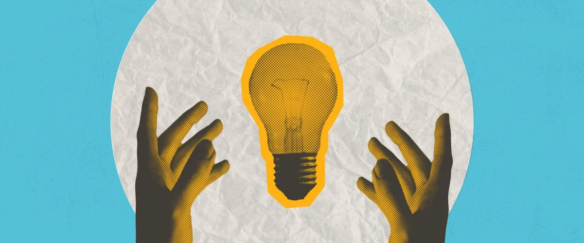 Two hands reaching toward a glowing yellow light bulb against a circular white backdrop on a blue background.
