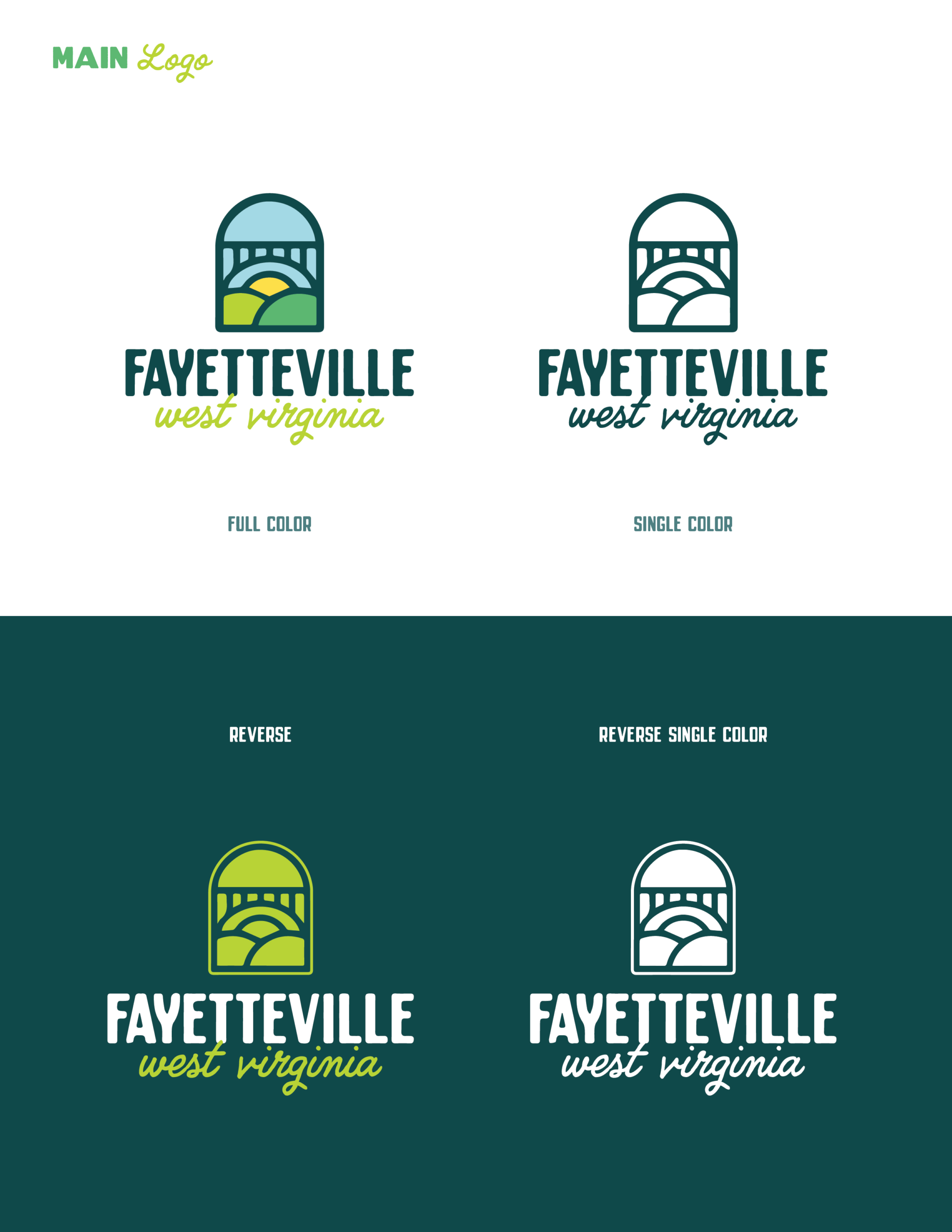 Page 3 of the Town of Fayetteville Brand Guidelines

The page contains the four distinct iterations of the main Fayetteville West Virginia logo: full color, single color, reverse, and reverse single color.

