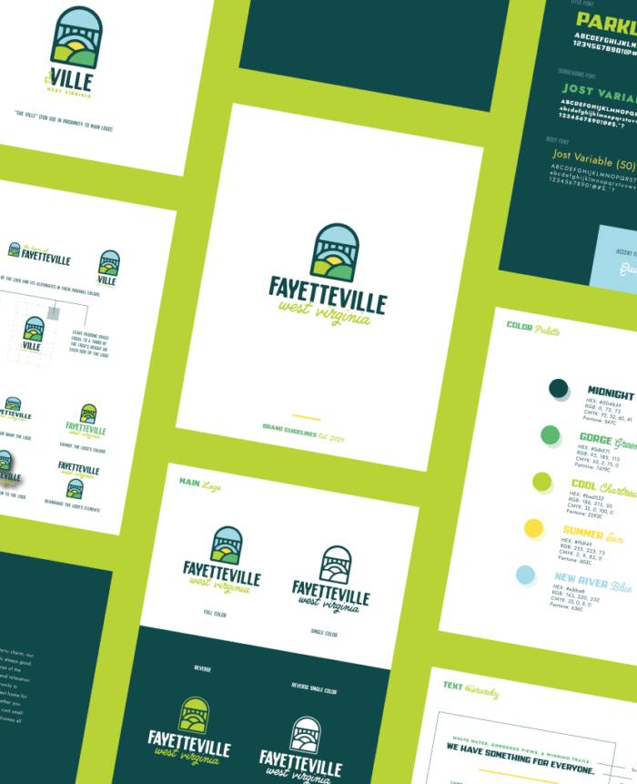 A mock up showing the various pages of the Town of Fayetteville Brand Guidelines