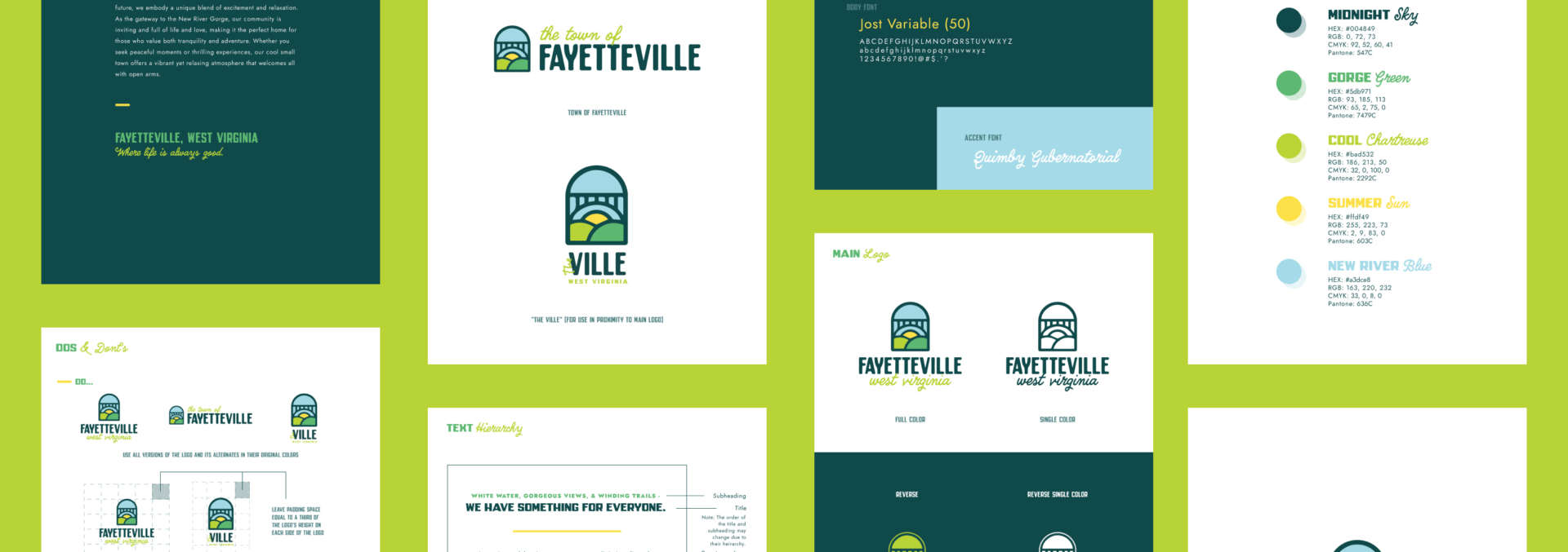 A mock up showing the various pages of the Town of Fayetteville Brand Guidelines