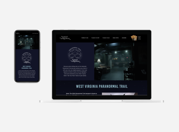 A mock up of a laptop and phone, showing the West Virginia Paranormal Trail landing page in multiple formats.