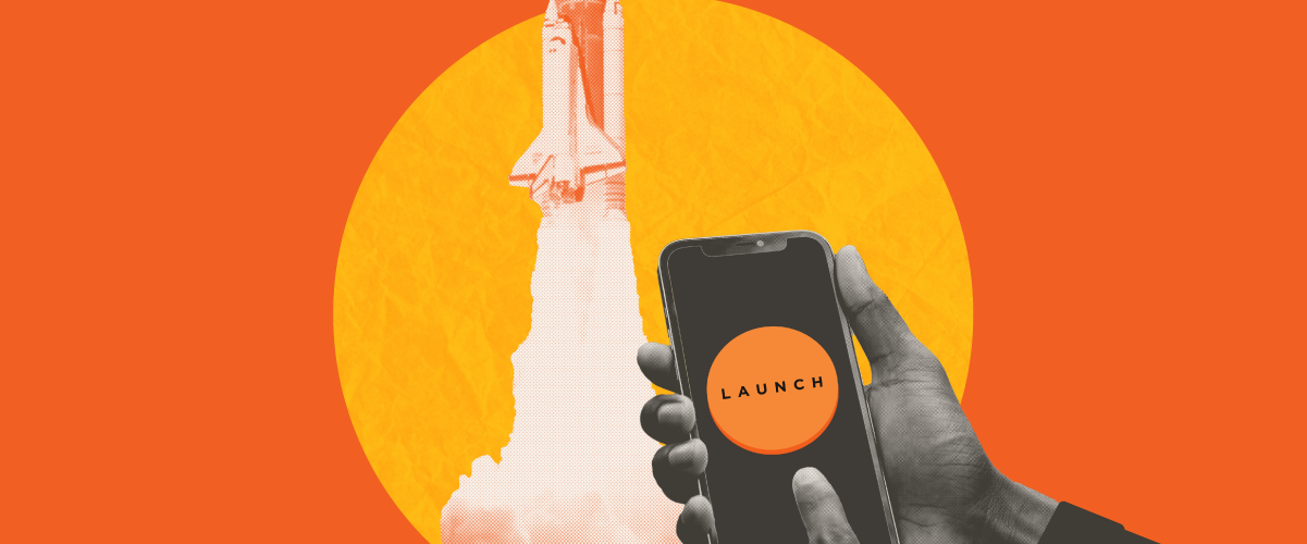 Hand holding phone with "Launch" app, space shuttle launching against orange background with yellow sun circle.