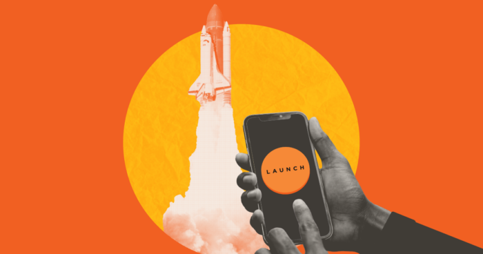 Hand holding phone with "Launch" app, space shuttle launching against orange background with yellow sun circle.