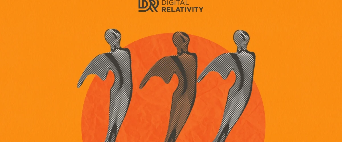 Three metallic award trophies on orange background with Digital Relativity logo in top left corner.