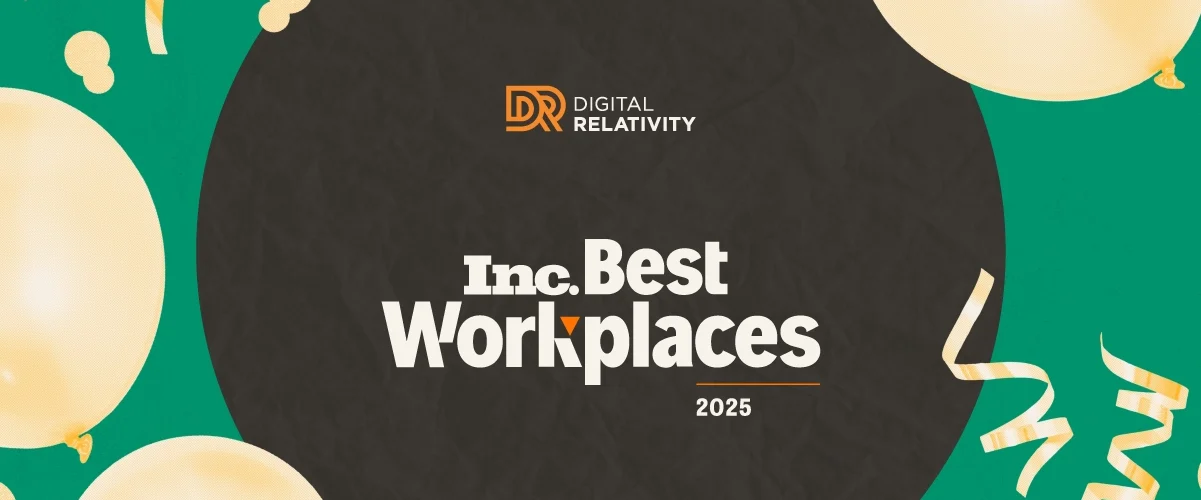 "Inc. Best Workplaces 2025" award graphic for Digital Relativity with gold balloons and confetti on dark background.