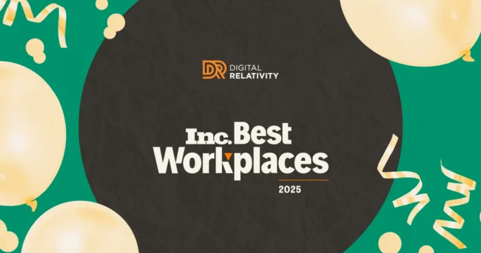 "Inc. Best Workplaces 2025" award graphic for Digital Relativity with gold balloons and confetti on dark background.