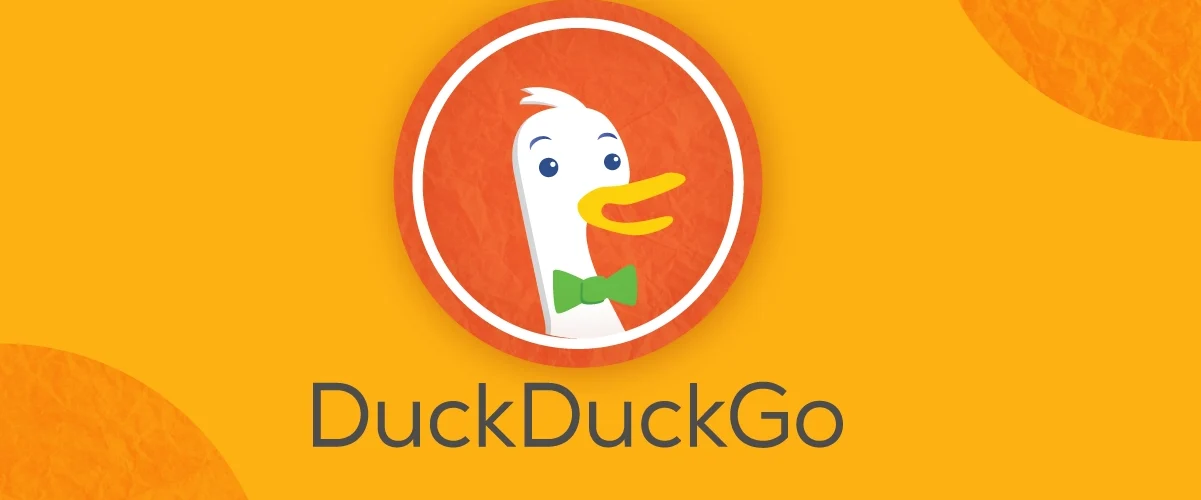 DuckDuckGo logo with cartoon duck mascot on orange background with company name in white text.