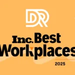 Digital Relativity logo with "Inc. Best Workplaces 2025" text on an orange background with stars and swirls.