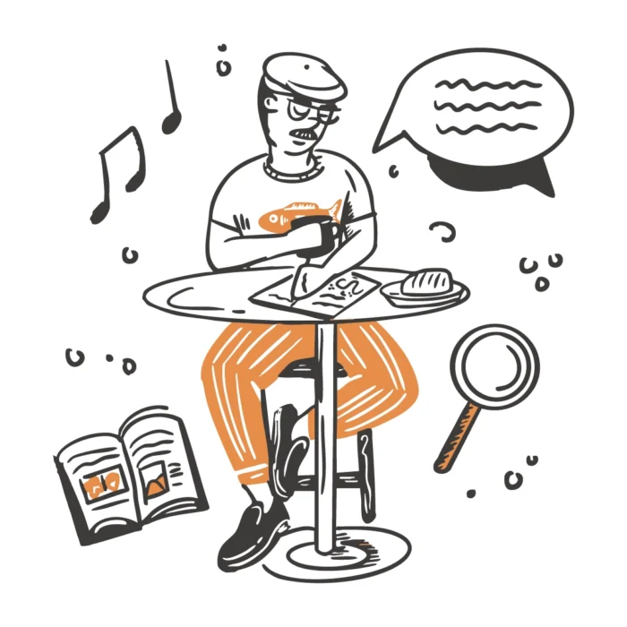 Person sitting at a table, holding a drink, with a speech bubble, music notes, an open book, and a magnifying glass around them.