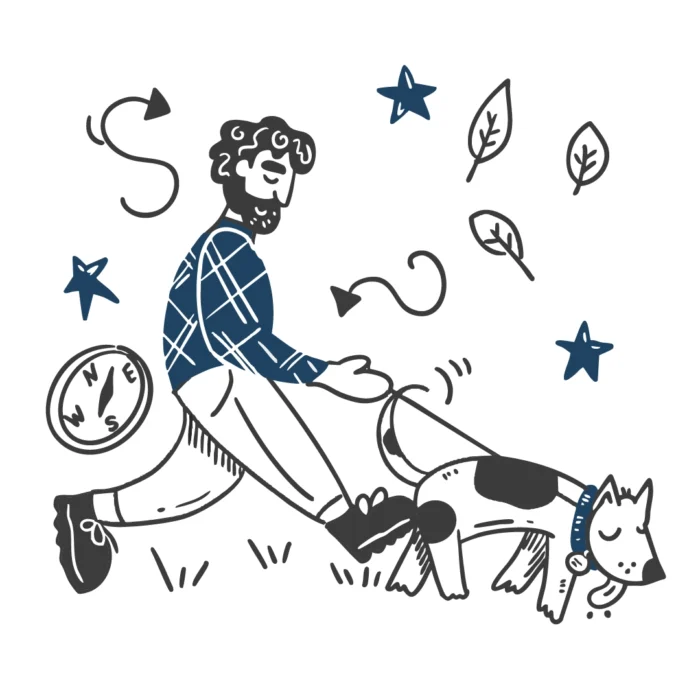 Man walking a dog with doodles of a compass, leaves, stars, and arrows in the background.