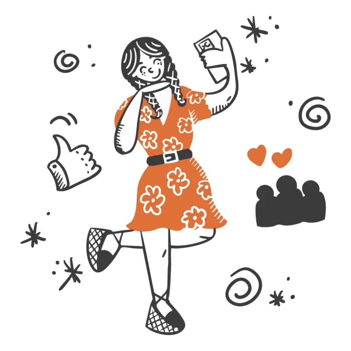 Person in orange floral dress taking a selfie, surrounded by doodles like hearts, thumbs up, and swirls.