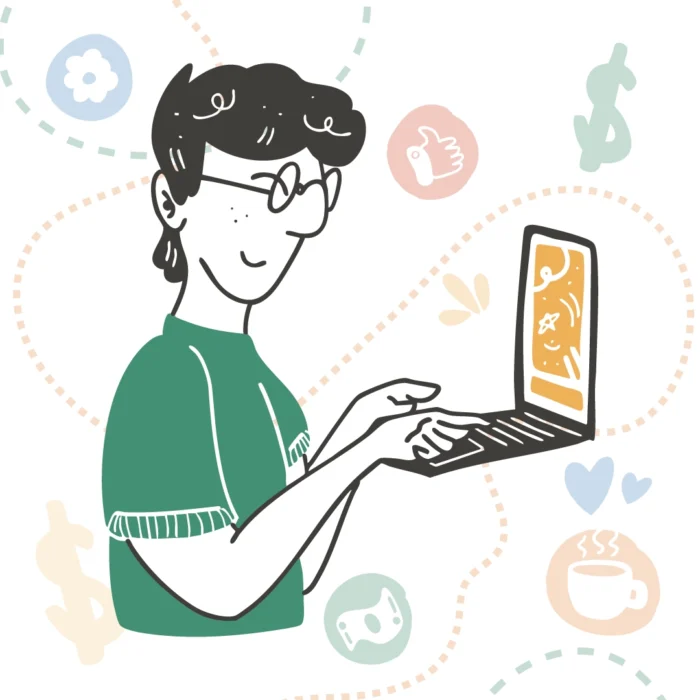 Illustration of a person with glasses using a laptop, surrounded by icons of a dollar sign, thumbs up, coffee, and game controller.