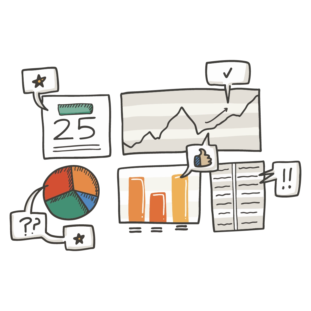 Illustration of data charts including a calendar, line graph, pie chart, bar graph, and document with icons.