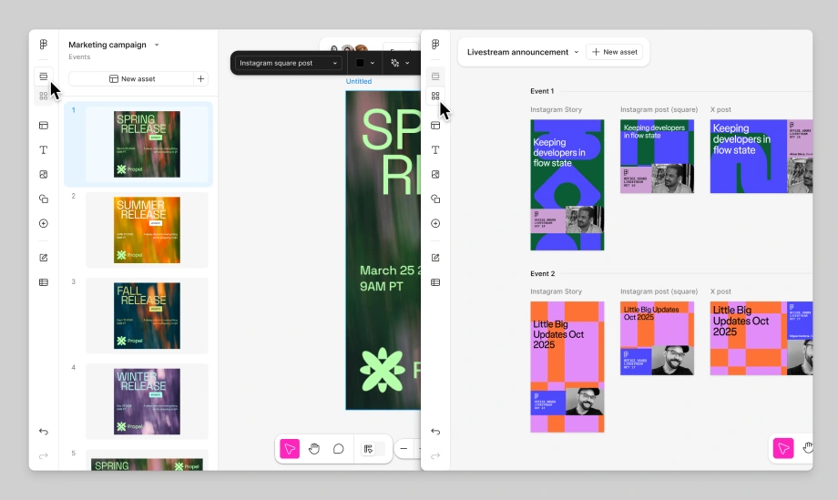 Two open Figma panels showing different view modes within Figma Buzz
