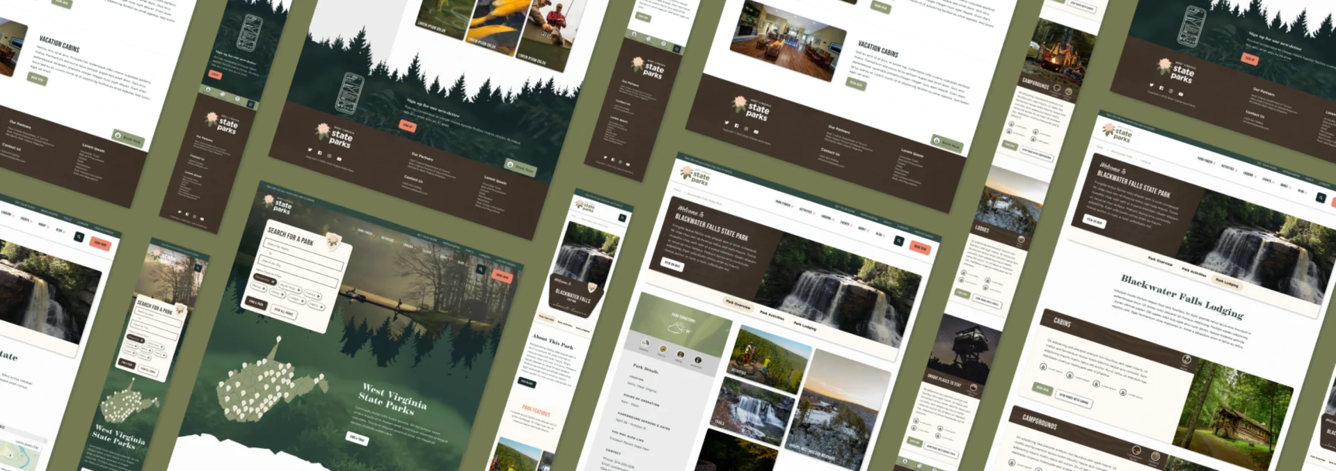 Collage of West Virginia State Parks website redesign showcasing nature images, park maps, and user interface elements against a green background.