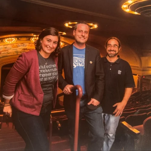 Vasilia and fellow Mountain Stage producers Adam Harris, and Jeff Shirley in the balcony of the Benedum Center in Pittsburgh, PA.