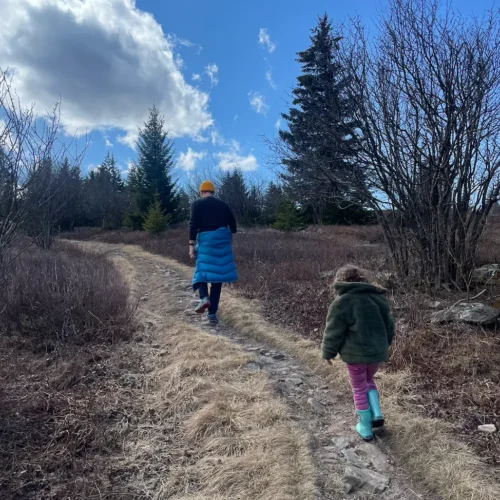 Vasilia's family on a trail hiking through Dolly Sods in early Spring