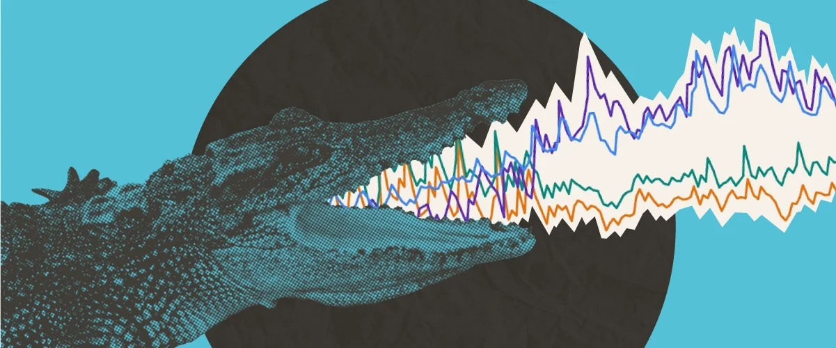 Crocodile with open jaws emitting colorful wavy data/sound wave lines on a teal background with dark circle.
