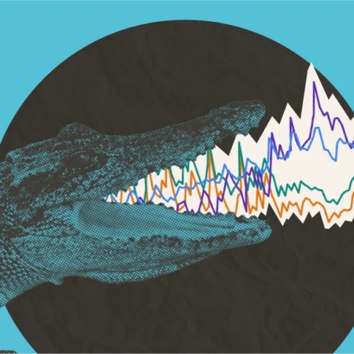 Crocodile with open jaws emitting colorful wavy data/sound wave lines on a teal background with dark circle.