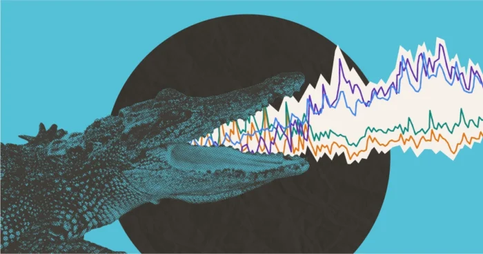 Crocodile with open jaws emitting colorful wavy data/sound wave lines on a teal background with dark circle.