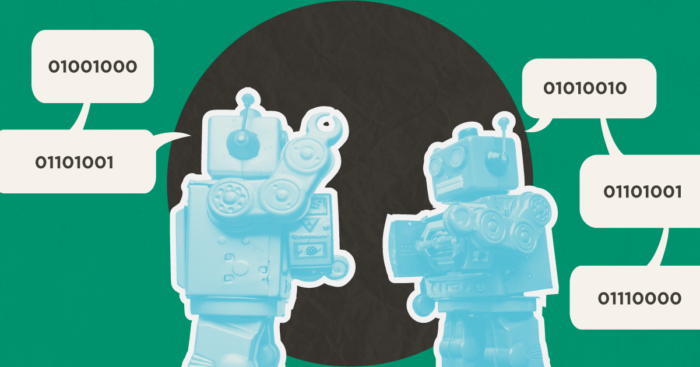Two toy robots have a conversation in binary code. The binary spells "Hi Rip" (the nickname for Justin's child)