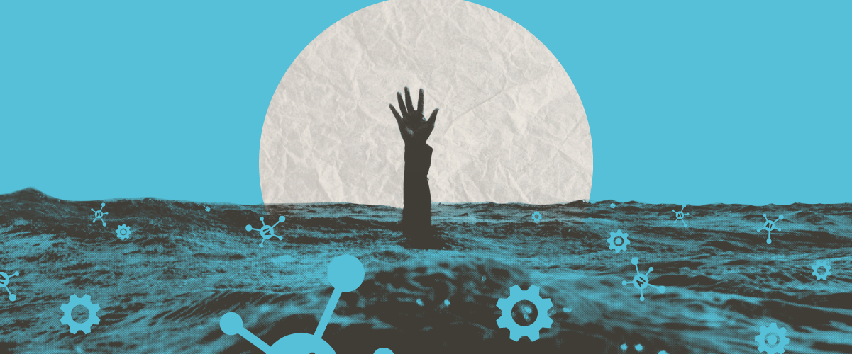 Hand reaching up from turbulent water, moon backdrop, with "AI" text and molecular/gear icons floating nearby.
