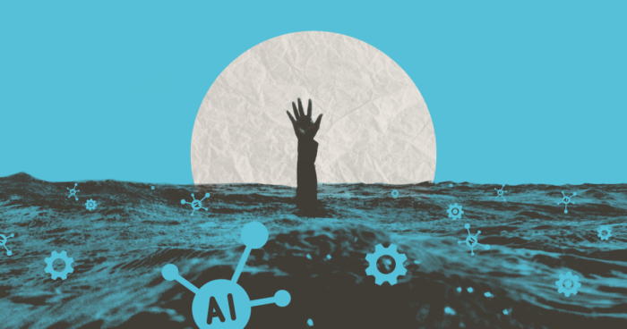 Hand reaching up from turbulent water, moon backdrop, with "AI" text and molecular/gear icons floating nearby.