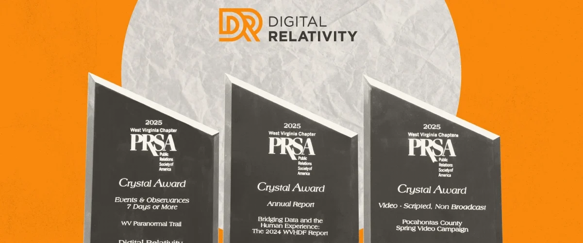 Three PRSA Crystal Award trophies displayed against orange background with Digital Relativity logo above.