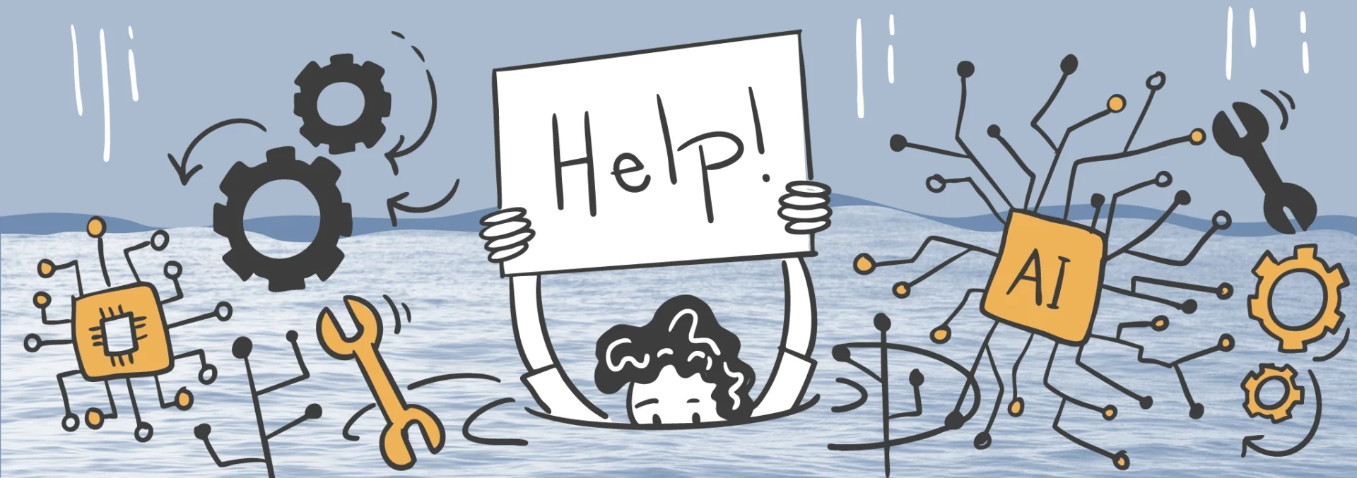 Person in water holding a "Help!" sign, surrounded by AI-related symbols like gears, a wrench, and circuitry with an AI chip.