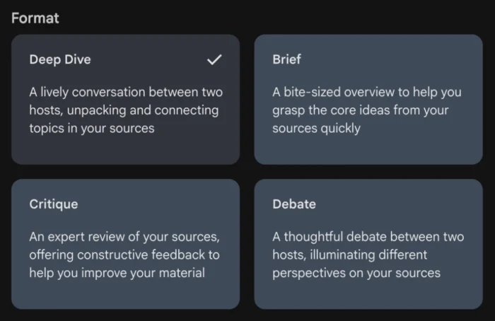 NotebookLM audio overview customization panel with tone and format options for podcast generation