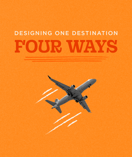 Designing one destination four ways, shown with bold headline text and a stylized duotone airplane graphic in a vertical format