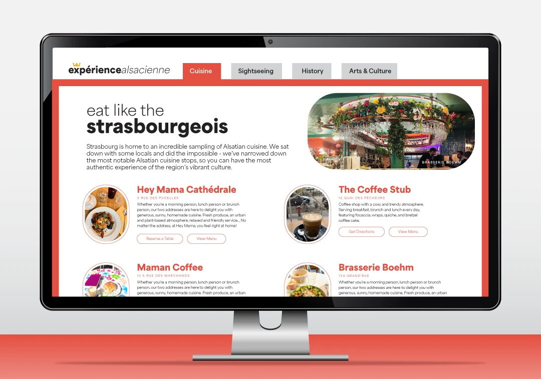Mock landing page design titled "Eat like the Strasbourgeois" and displays a Strasbourg food guide with Alsatian restaurants and cuisine categories. The landing page shows 3 other tabs, labeled sightseeing, history, and arts and culture