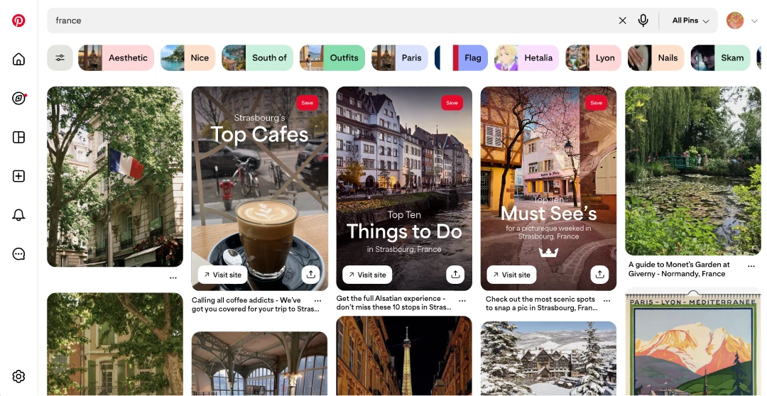 Mock Pinterest feed showing multiple Strasbourg travel pins, including cafes, must-see spots, and top things to do.