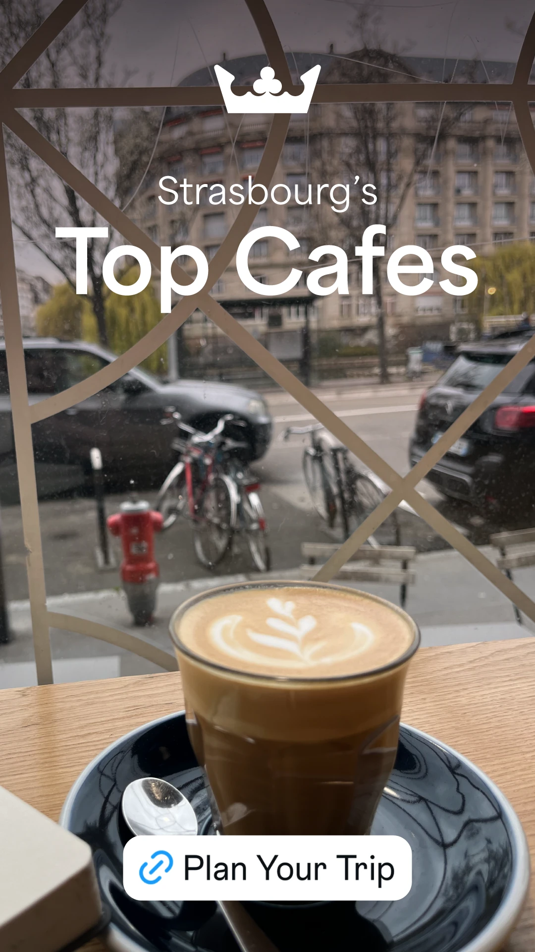 Mock Pinterest-style graphic promoting Strasbourg’s top cafes, featuring a latte on a café table by a city street.