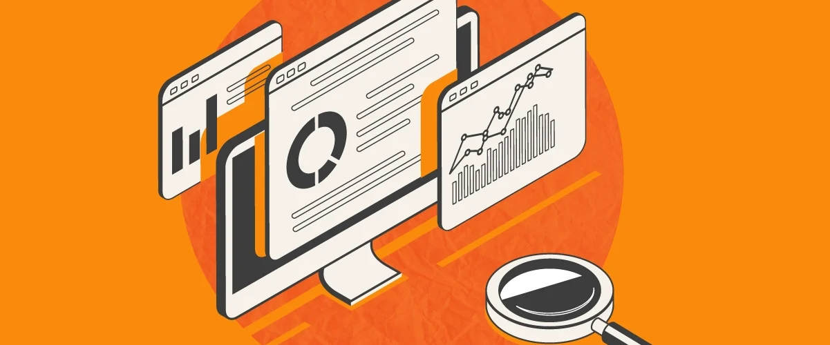 Isometric illustration of computer monitors displaying charts and graphs with a magnifying glass on orange background.
