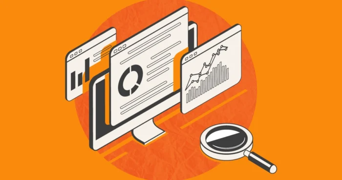 Isometric illustration of computer monitors displaying charts and graphs with a magnifying glass on orange background.