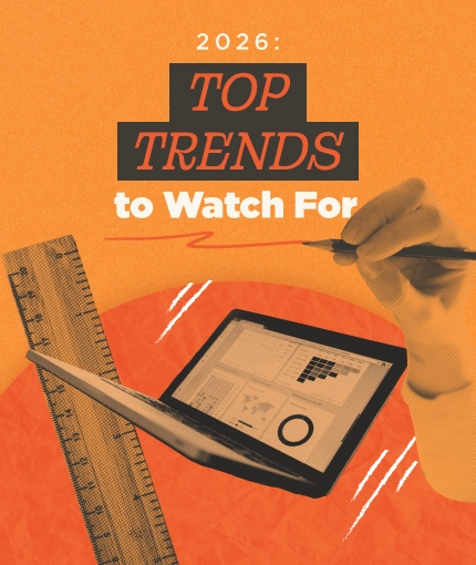 2026: Top Trends to Watch For, with hand holding stylus over tablet and drafting tools