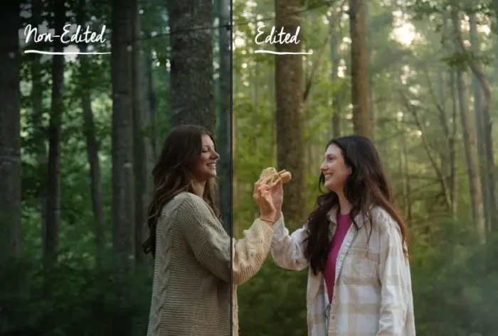 Two women standing in a forested setting, eating s'mores. The image is divided vertically and shows the non-edited image on the left and the edited photo on the right. Color corrections and finishing touches are shown in the edited photo.