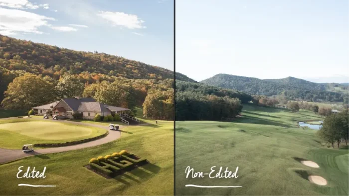 A golf course nestled in the Appalachian mountains. The image is divided vertically and shows the edited image on the left and the non-edited photo on the right. The non-edited side is significantly less vibrant.