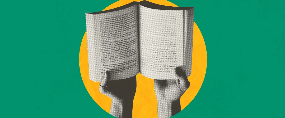 Person holding an open book in front of their face against a yellow circle on a green background.