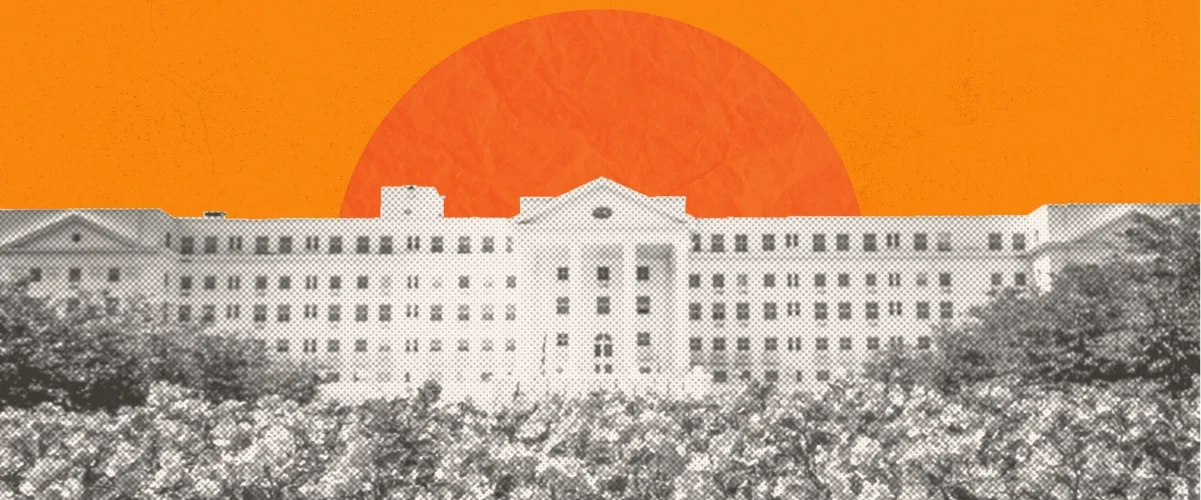 Large neoclassical white building surrounded by trees, with an orange circle (sun) against a bright orange sky background.